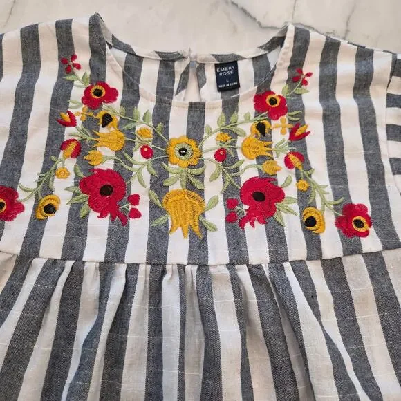 Emery Rose Flutter Sleeve Blue White Striped Embroidered Floral Blouse Womens L - Picture 7 of 12